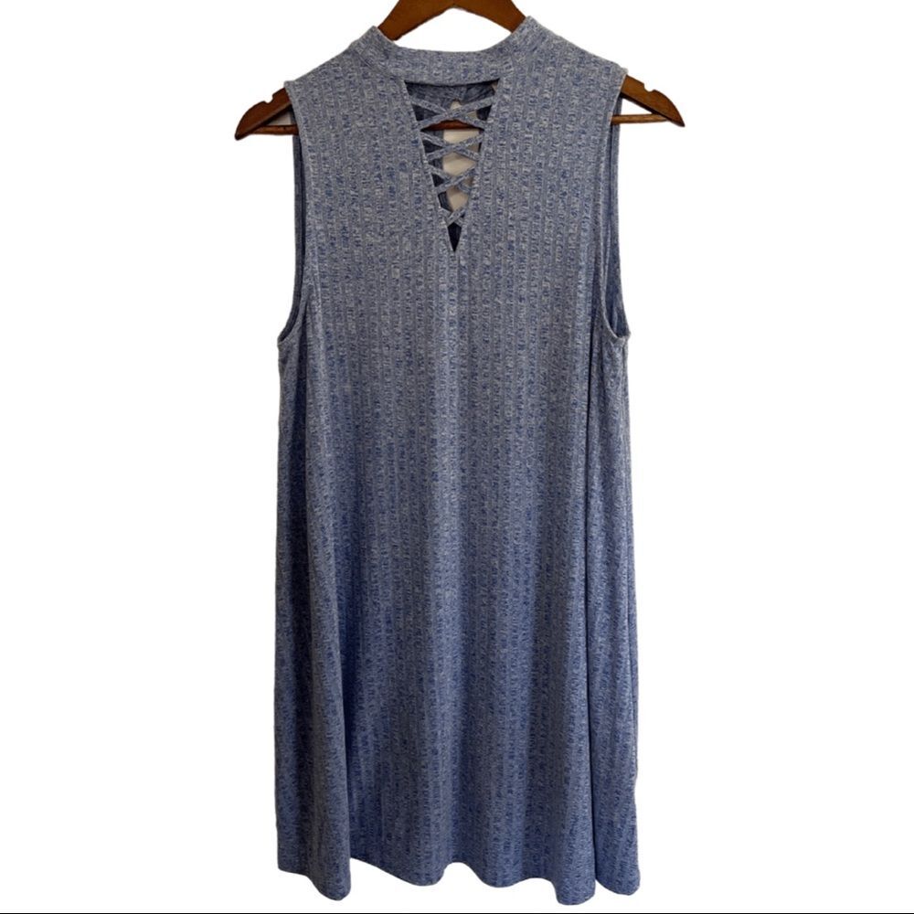 Umgee Blue Ribbed Dress Womens Small Sleeveless High Neck Crisscross Back Casual